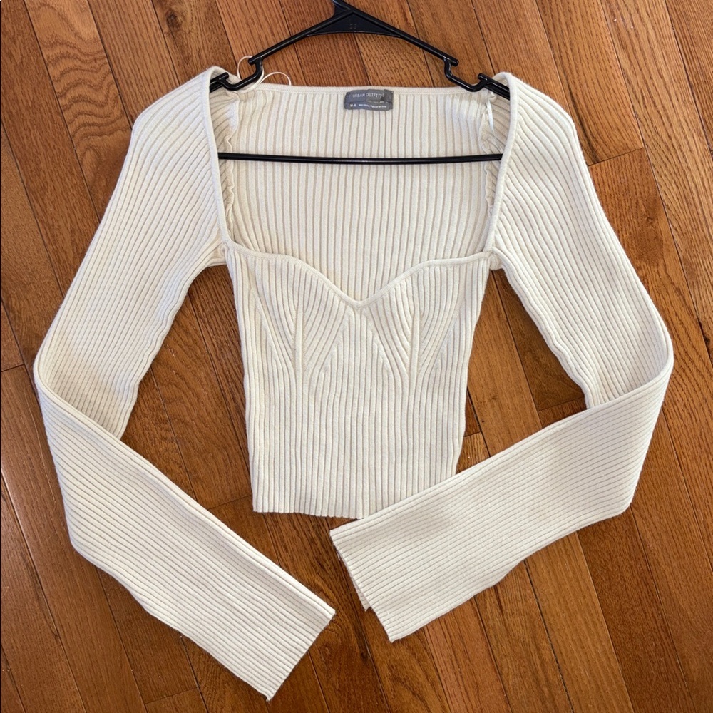 Urban Outfitters Cream Ribbed Sweetheart Square Neck Long Sleeve Crop Sweater M